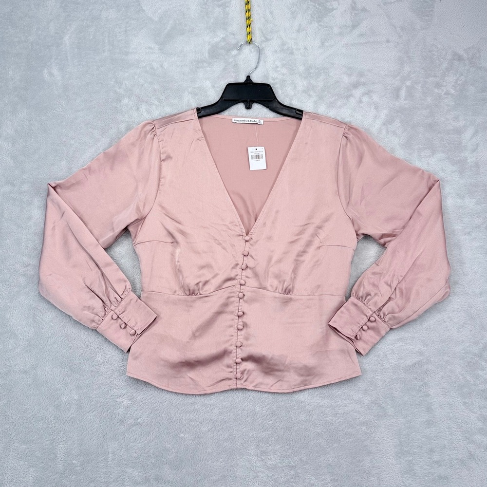 Abercrombie Fitch Satin Blouse Women XL Pink Button Front Long Sleeve V-Neck NWT